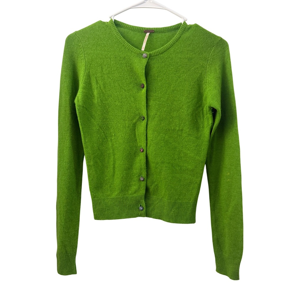 Free People Green Lambswool Angora Jeweled Button Cardigan Sweater XS Cozycore